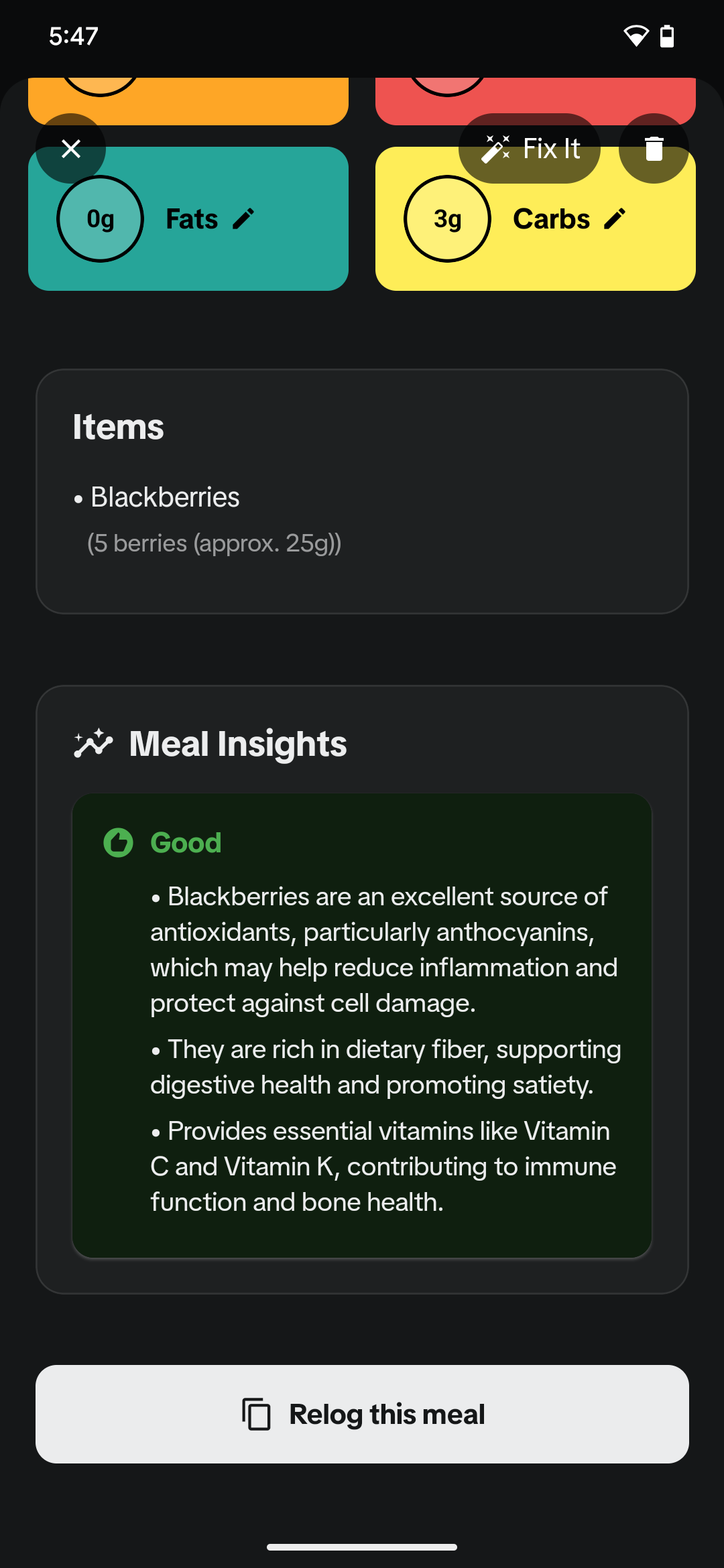 Meal detail page (cont; showing Meal Insights)